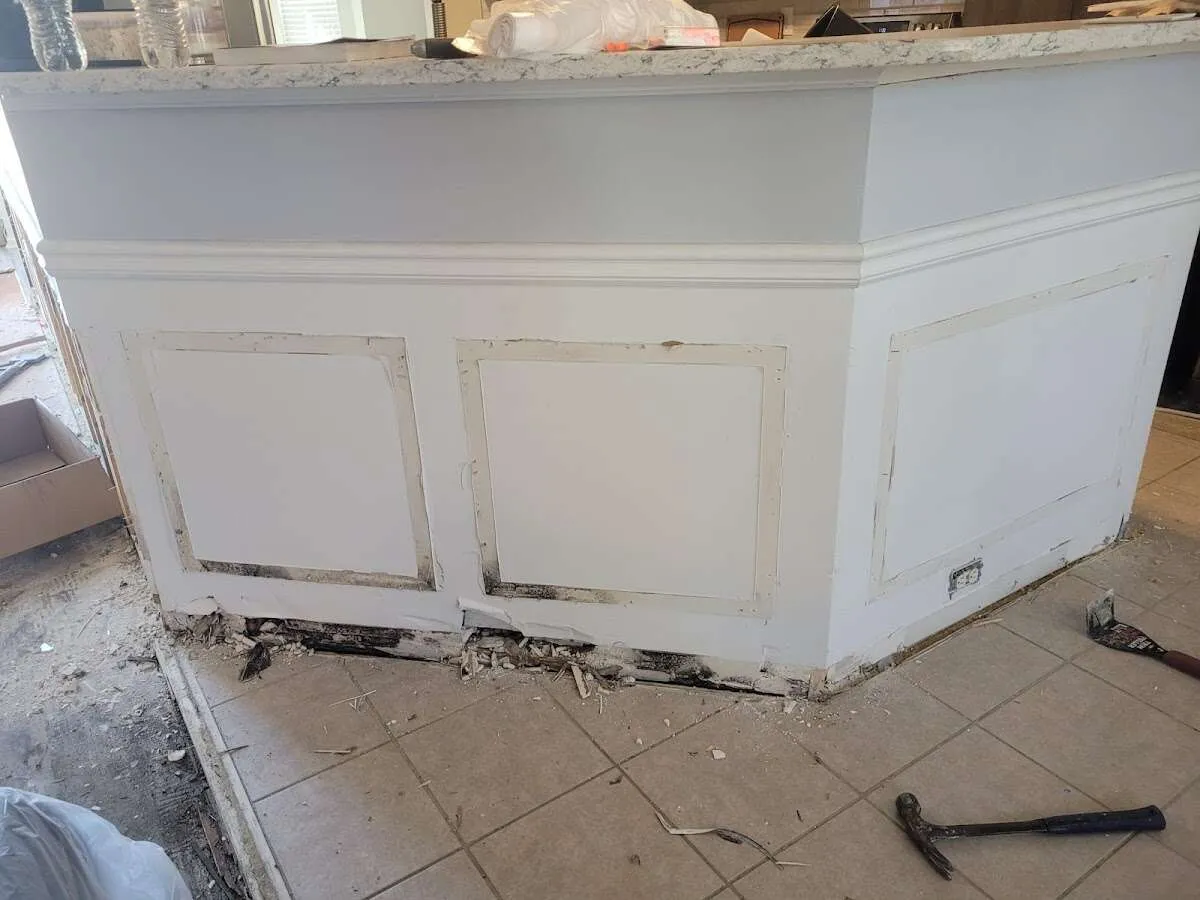 Water damage and mold on kitchen during Sewage Cleanup & Sanitation in Schriever